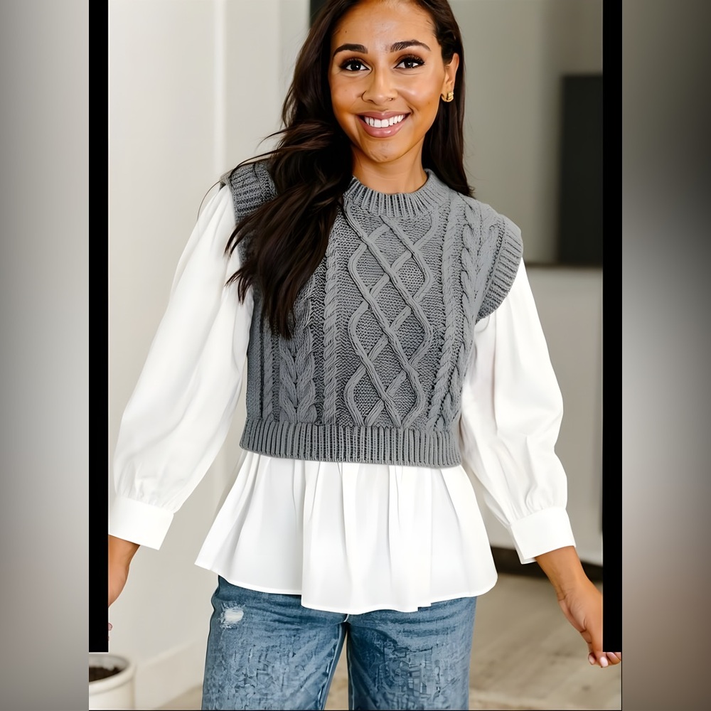 Gray Layered Cable Knit Mixed Vest Top